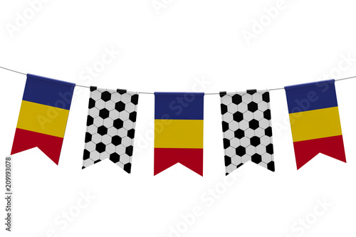 Romania flag and soccer ball texture football flag bunting. 3D Rendering