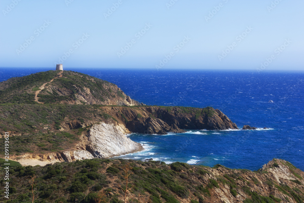 Seascape of Teulada in Sardinia, with sea and tower of Piscinni - Italy