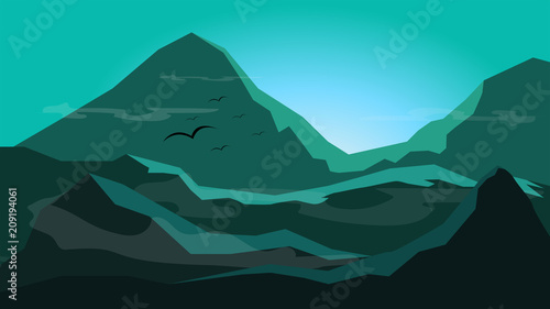 sunrise between mountain with fog;silhouette flat background design in monotone;adventure in holiday