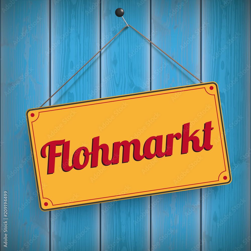 Schild Flohmarkt auf blauen Holzwand Adobe Stock
