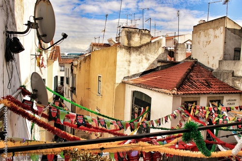 Streets adorned with garlands in Alfama, Lisbon