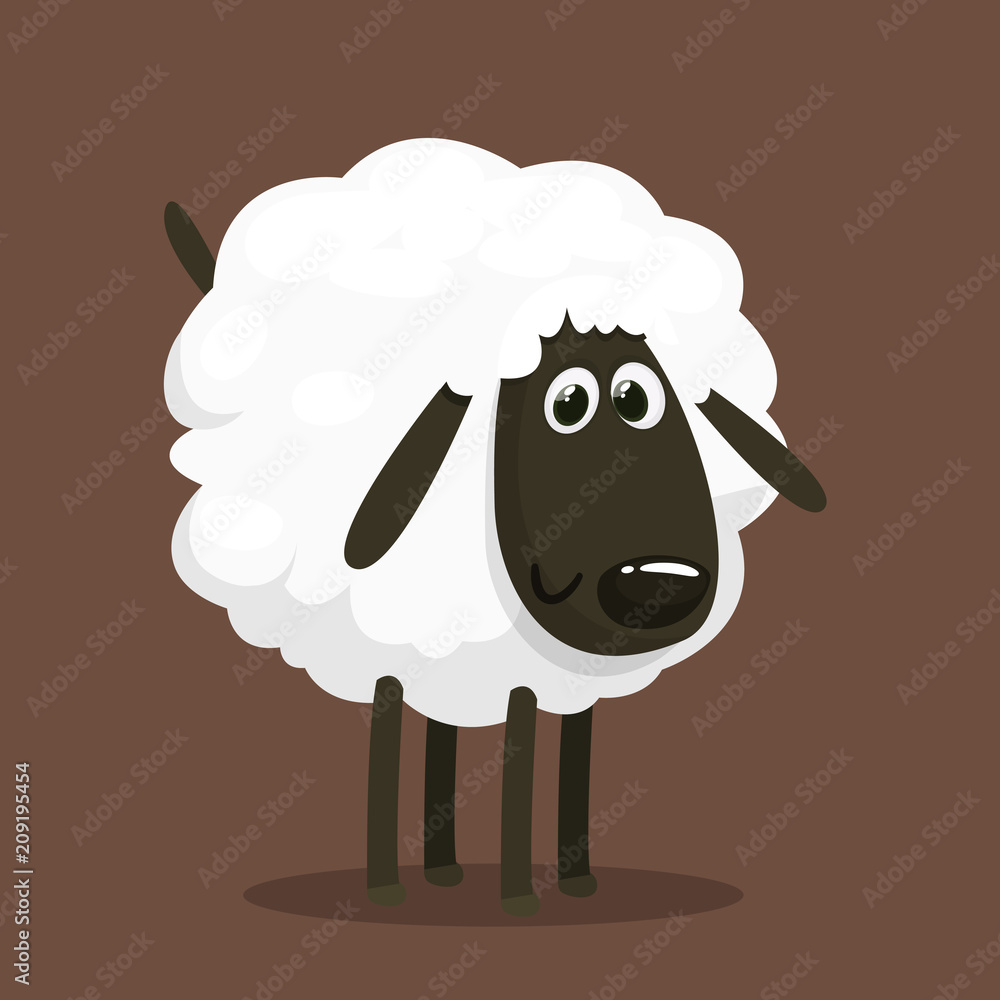 Obraz premium Cute cartoon sheep mascot character. Vector illustration of fluffy sheep feeding. Isolated 