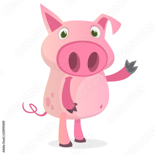 Happy cartoon pig presenting. Farm animals. Vector illustration of a smiling piggy isolated on white