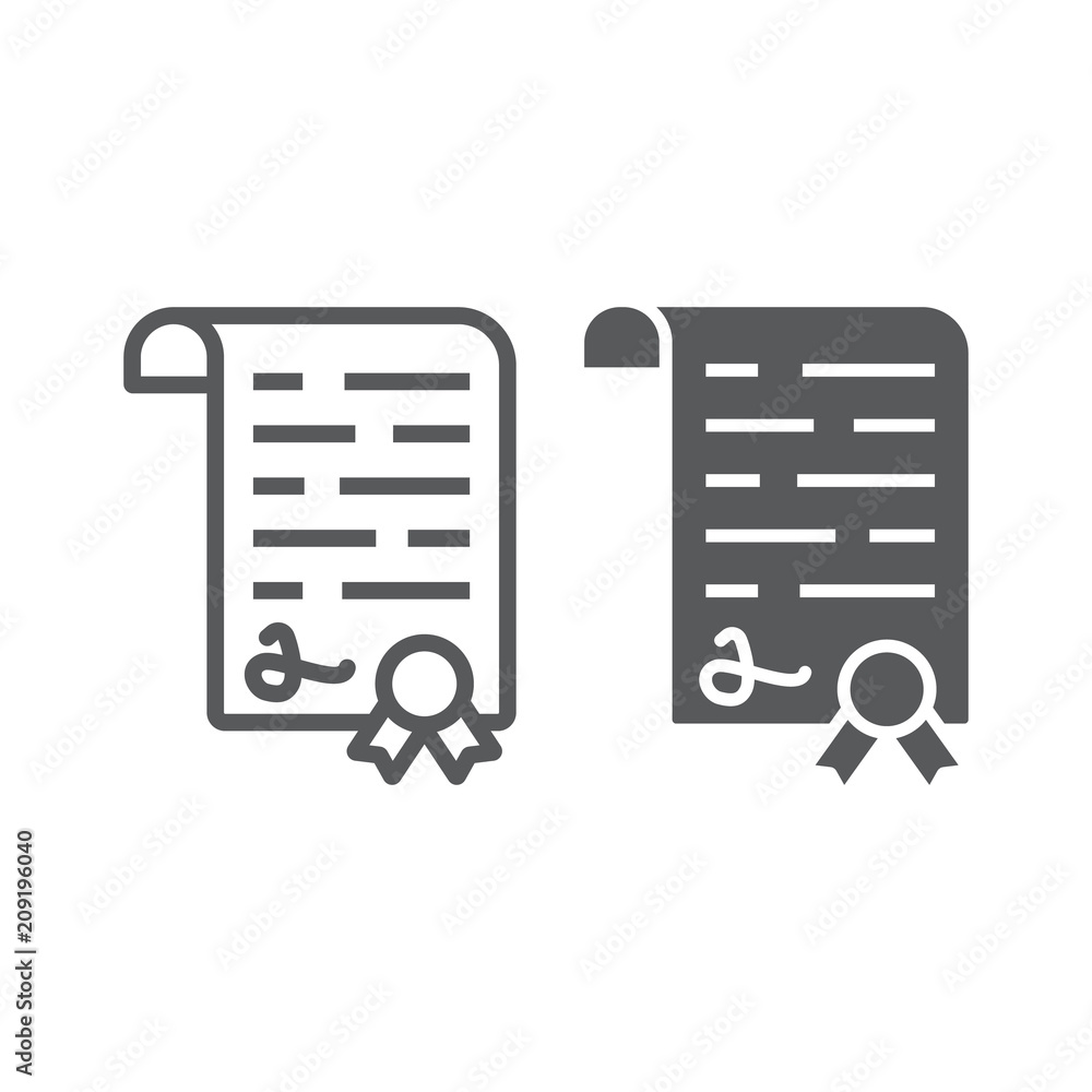 Diploma line and glyph icon, school and education, certificate sign vector graphics, a linear pattern on a white background, eps 10. Diploma line and glyph icon, school and education, certificate sign vector graphics, a linear pattern on a white background, eps 10.