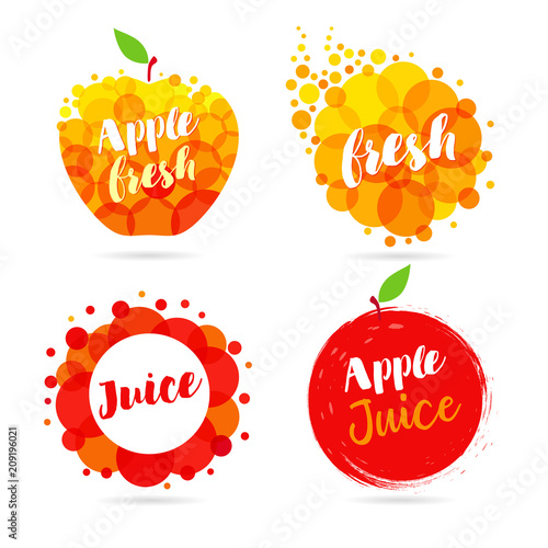 Apple juice label splash set design. Yellow and red drops bubbly logo on white background. Mango, pineapple and papaya juice design, creative vector illustration