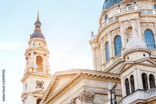 Close-up detail of the facade of St. Stephen's Basilica church in Budapest, Hungary. Main tourist attraction in the city