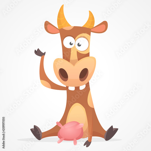 Funny cartoon cow character waving. Isolated on white background. Farm animals. Vector illustration