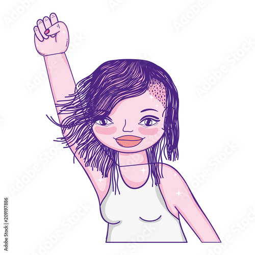 happy woman with hairstyle and hand oppose up