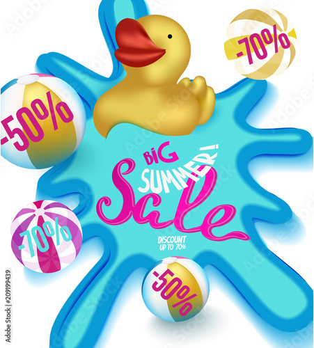 Pool party poster with big yellow rubber duck in a sweaming pool. Vector illustration