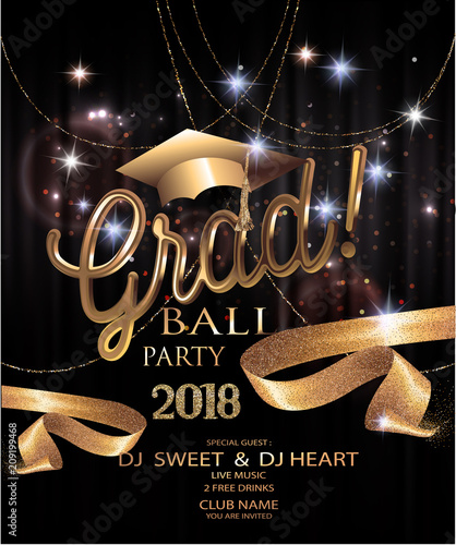 Graduation party invitation card with golden sparkling,ribbons, confetti and garlands. Vector illustration