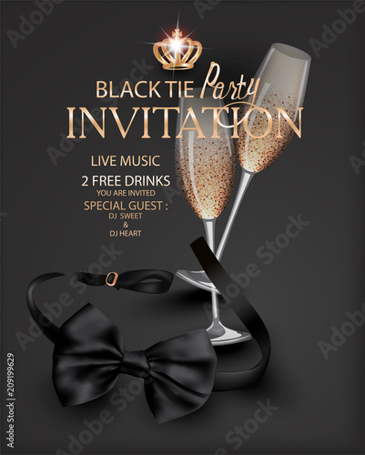 Black tie party with the black bow tie and glasses of champagne. Vector illustration