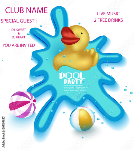 Pool party poster with big yellow rubber duck in a sweaming pool. Vector illustration