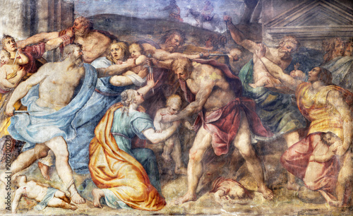 PARMA, ITALY - APRIL 16, 2018: The freso of Masacre of Inocents in church Chiesa di Santa Croce by Giovanni Maria Conti della Camera (1614 - 1670).