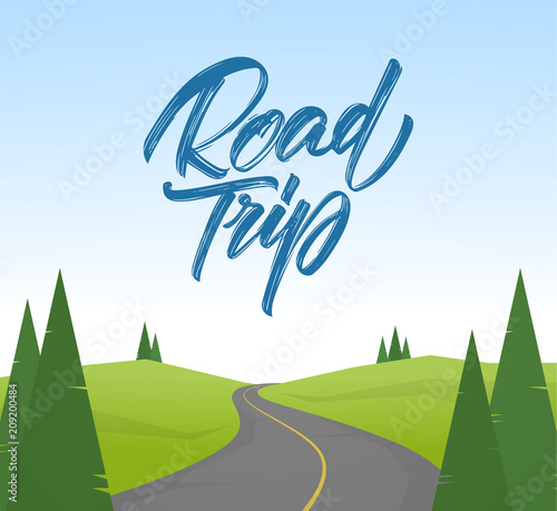 Vector cartoon flat landscape with handwritten type lettering of Road trip