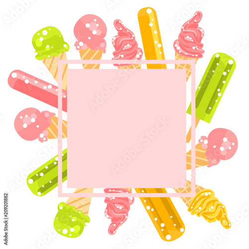 Vector frame  with ice cream  on white background.