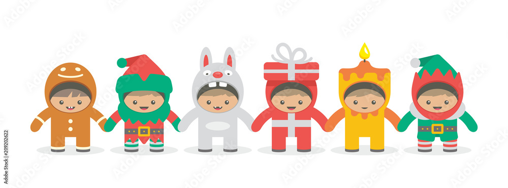 Kids holding hand in Christmas costumes, flat style. isolated on white background Kids holding hand in Christmas costumes, flat style. isolated on white background