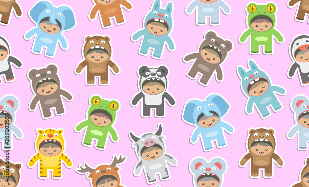 Seamless pattern with kids in Animals costumes, flat style. isolated on pink background
