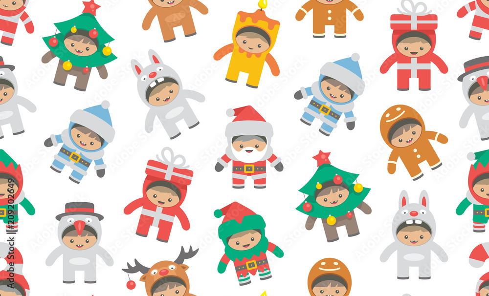 Seamless pattern with kids in Christmas costumes, flat style. isolated on white background