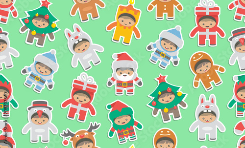 Seamless pattern with kids in Christmas costumes, flat style. isolated on green background