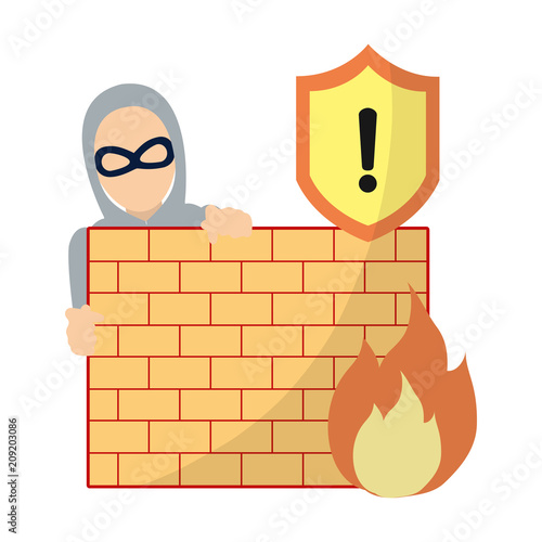 thief with mask behind brick wall and fire caution