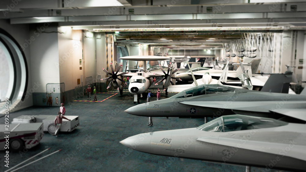 fighter aircraft on the inner deck of an aircraft carrier 3d render