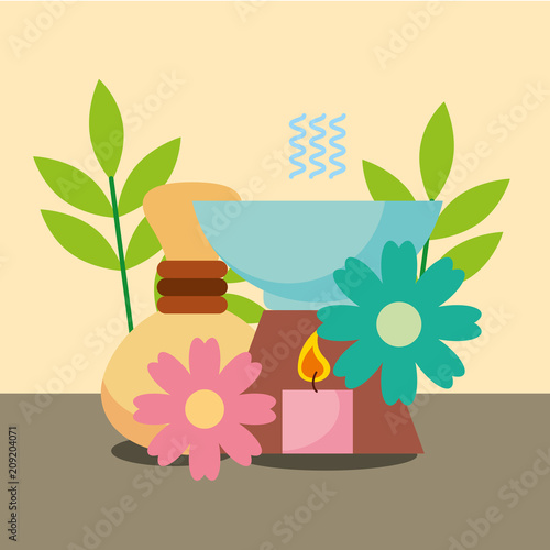 aromatherapy hot compresses candle and flowers decoration spa wellness vector illustration