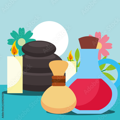 hot compress oil massage stone candles flowers spa wellness vector illustration