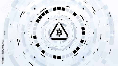 Bitcoin cryprocurrency futuristic black and white vector illustration for background, HUD, GUI, banner, business and finance, advertising and more. Worldwide digital money blockchain system technology