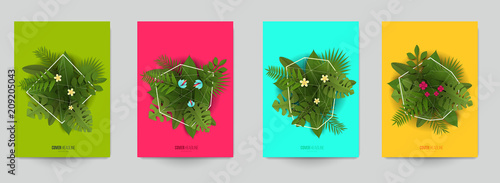Set background for covers, invitations, posters, banners, flyers, placards. Minimal template design for branding, advertising with exotic tropical leaves in paper cut style. Vector illustration.