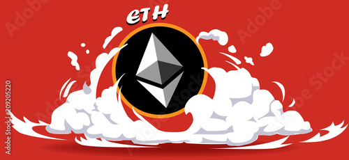 Cryptocurrency icon with hero comic style on warm red background:ETH icon