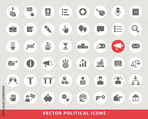 Set of Elegant Universal Black Minimalistic Solid Political Icons on Circular Colored Buttons on Grey Background