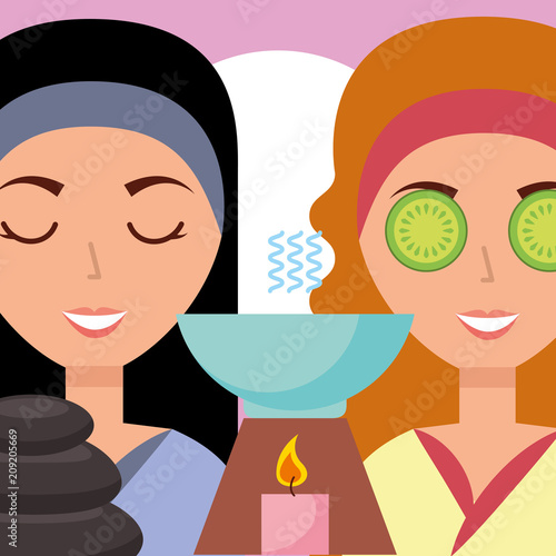 beautiful women eye cucumber and headband aromatherapy stone massage spa wellness vector illustration