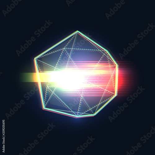Glitched vector 3d geometric form on black background. Modern tv distortion effect.