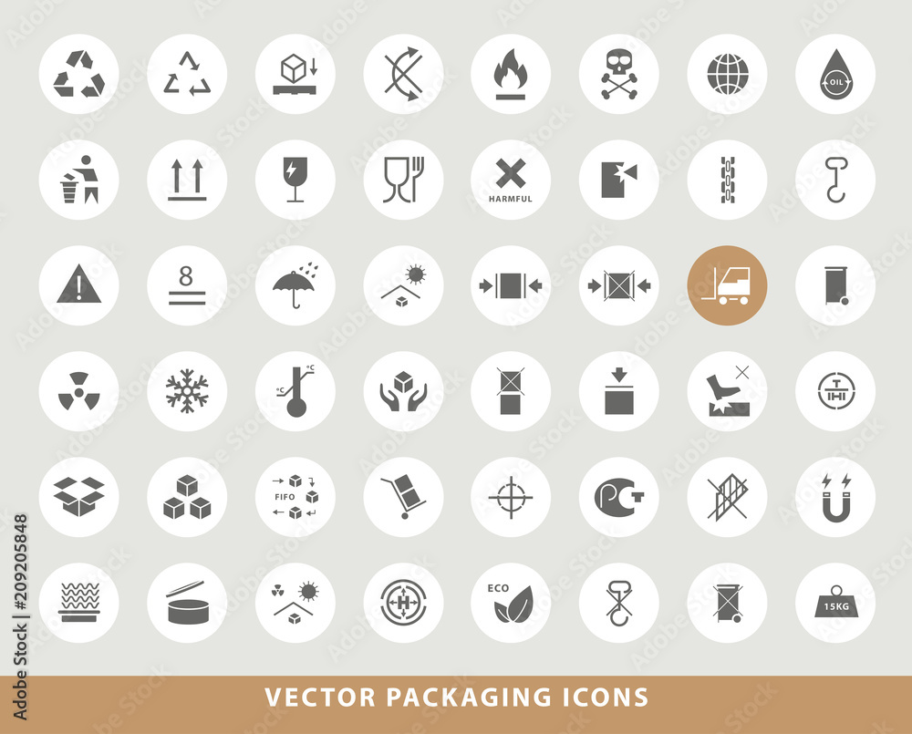 Set of Elegant Universal Black Minimalistic Solid Packaging Icons on Circular Colored Buttons on Grey Background Set of Elegant Universal Black Minimalistic Solid Packaging Icons on Circular Colored Buttons on Grey Background
