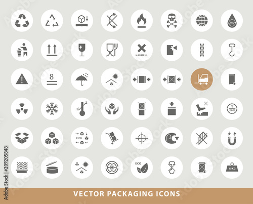Set of Elegant Universal Black Minimalistic Solid Packaging Icons on Circular Colored Buttons on Grey Background