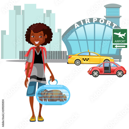African American Womanan and her luggage came by taxi car and ready to flight, auto transfer to airport vector illustration, girl holding pets for airline travel