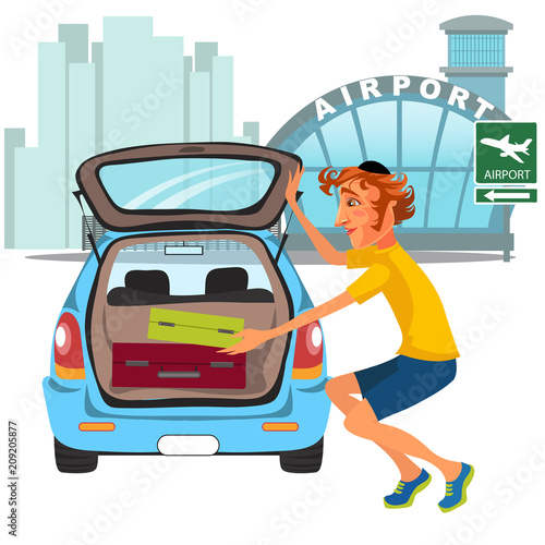 man takes luggage out of car and ready for travel travel by airplane flight, auto transfer to airport. Guy on city street near automobile vector illustration