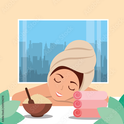 woman with towel on head resting with peeling salt and towels spa wellness vector illustration