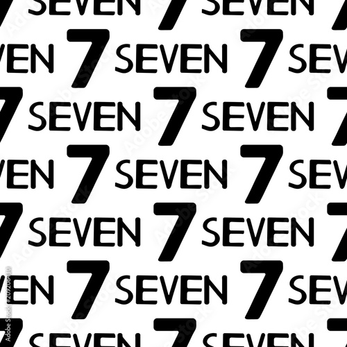 Seamless pattern with black numerals and words seven on the white background.