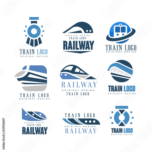 Train logo original design set, modern railway railroad transport emblem badge vector Illustrations