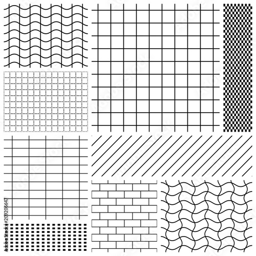 Set of grid patterns in black and white