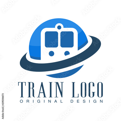 Train logo original design, blue railway transport badge vector Illustration