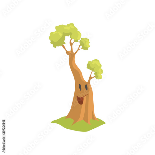Big humanized tree with happy face expression. Cartoon character of green forest or park plant. Flat vector design