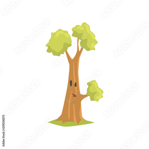 Cartoon green tree with surprised face expression. Funny humanized forest plant. Natural element for park landscape. Flat vector design