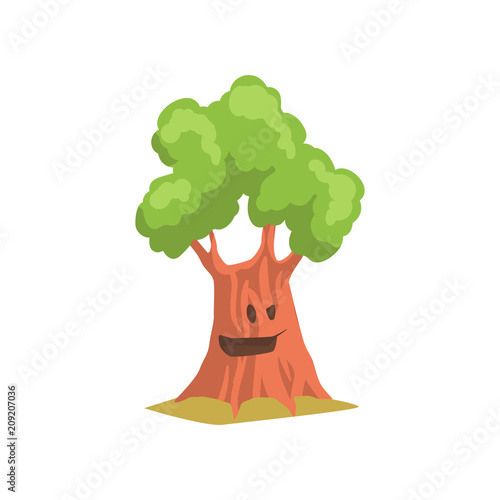 Funny humanized tree with cheerful face expression. Cartoon character of green forest or park plant. Flat vector design