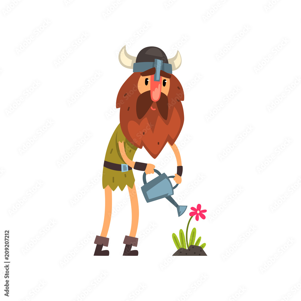 Viking watering flowers with watering can, comic medieval cartoon character vector Illustration Viking watering flowers with watering can, comic medieval cartoon character vector Illustration