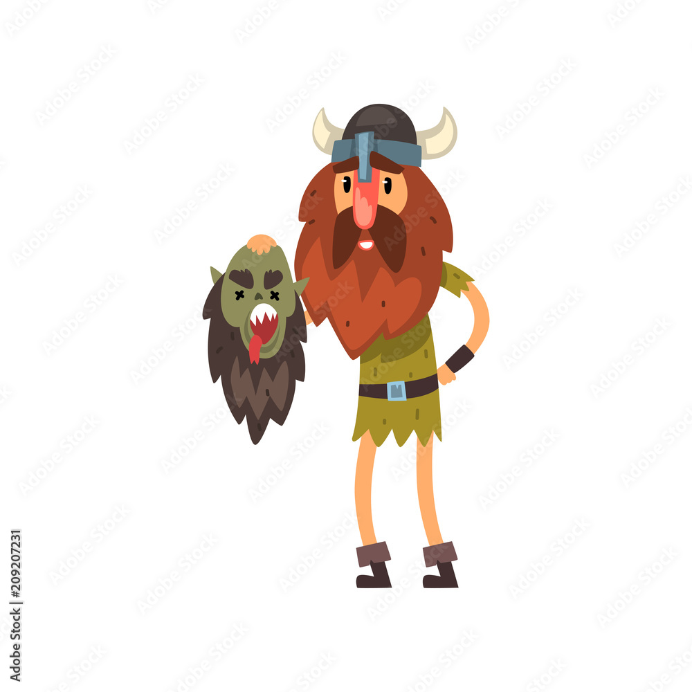 Viking holding head of his dead enemy in his hands, medieval cartoon  character vector Illustration Stock Vector | Adobe Stock