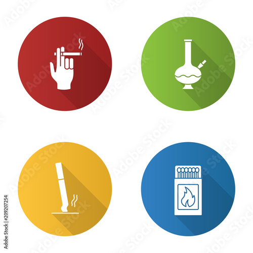 Smoking flat design long shadow glyph icons set
