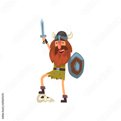 Viking celebrating victory with sword and shield, medieval cartoon character vector Illustration