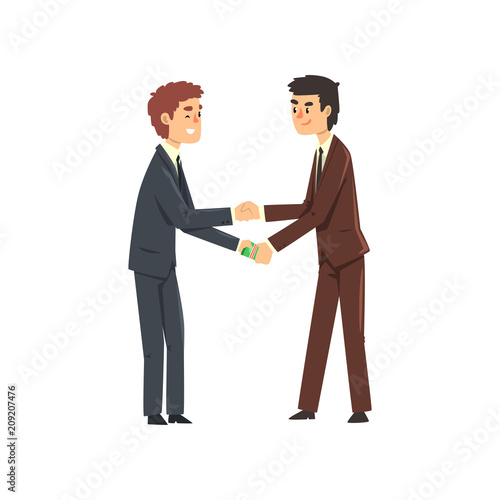 Businessman passing cash money to his corrupted partner, corruption and bribery concept vector Illustration